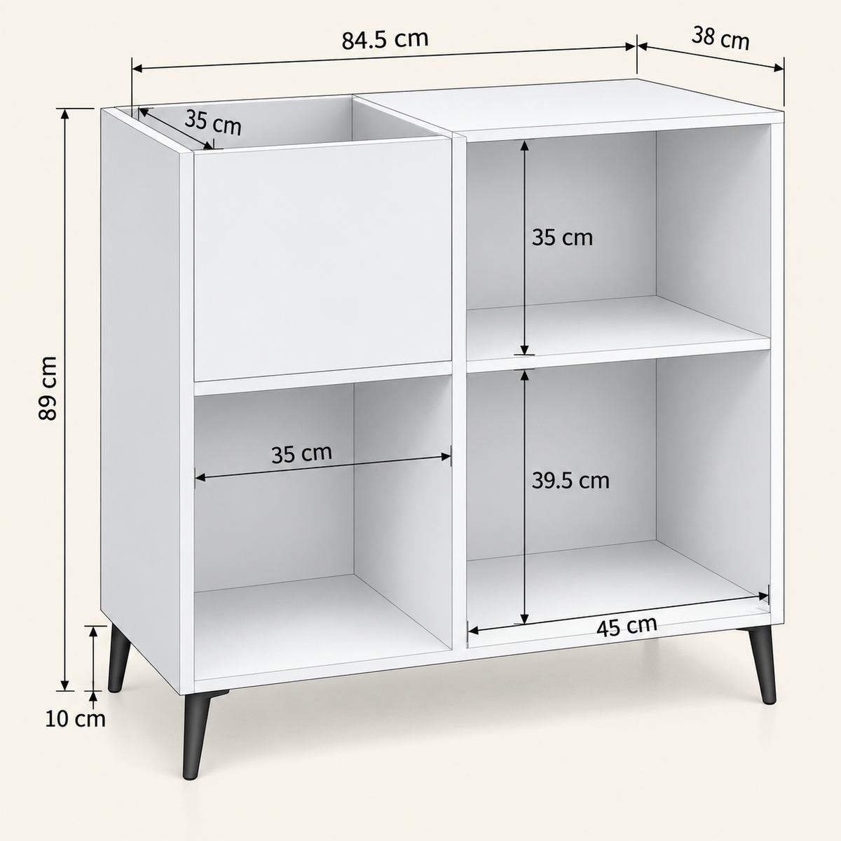 Meuble platine vinyle 84,5 cm, blanc, 4 compartiments | Aldover