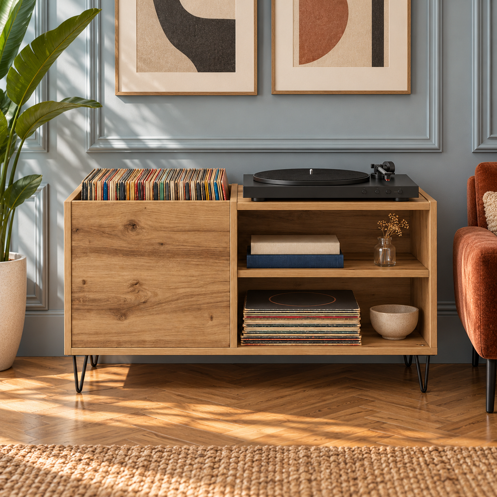 Meuble platine vinyle 85 cm, 3 compartiments | Valdor