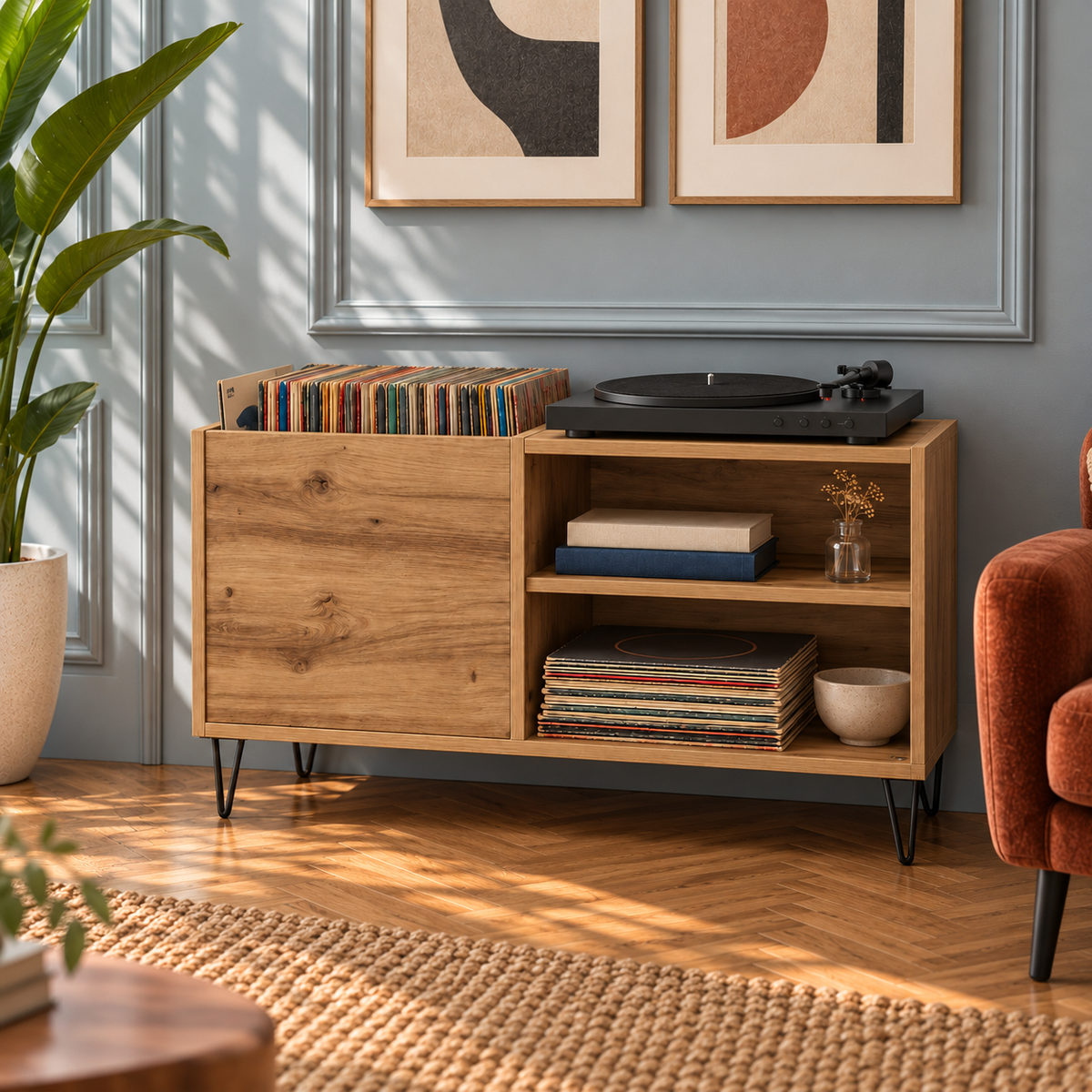 Meuble platine vinyle 85 cm, 3 compartiments | Valdor