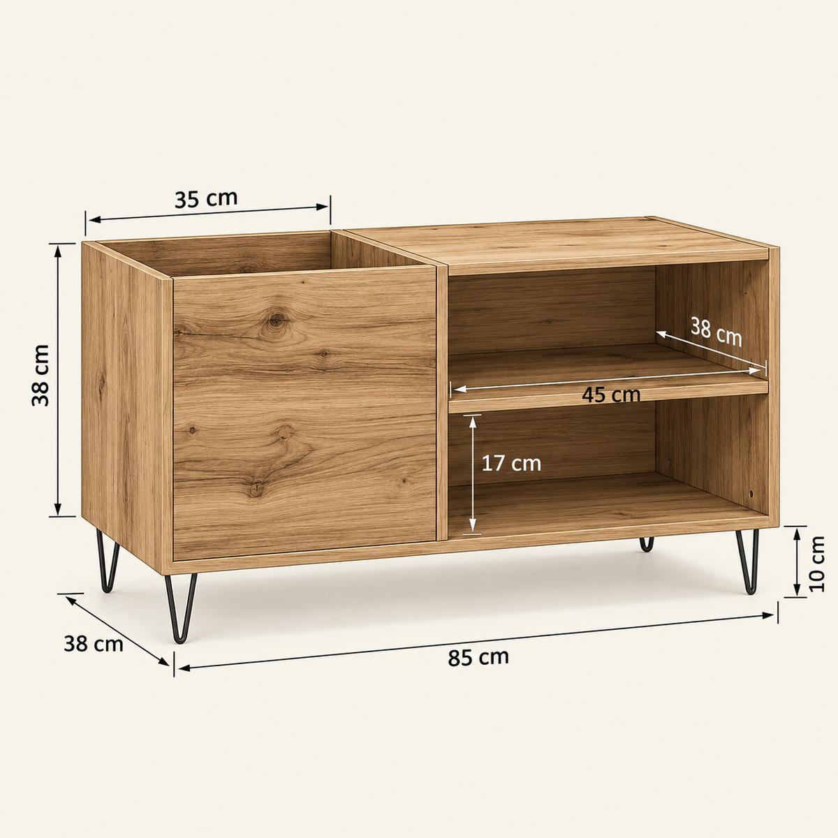 Meuble platine vinyle 85 cm, 3 compartiments | Valdor
