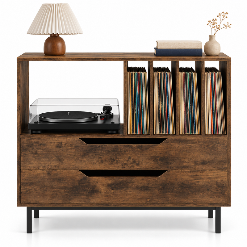 Meuble platine vinyle 91 cm, 2 tiroirs, 4 compartiments | Maldrik