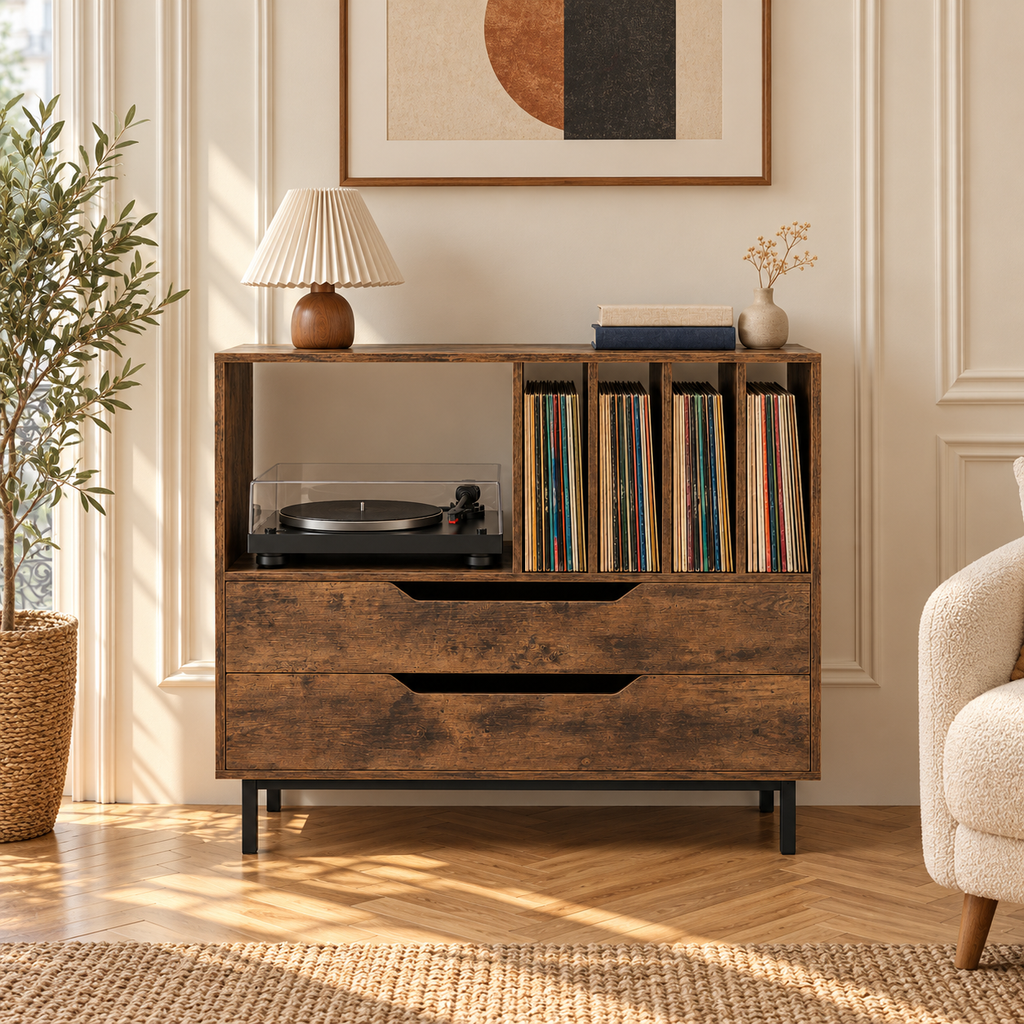 Meuble platine vinyle 91 cm, 2 tiroirs, 4 compartiments | Maldrik