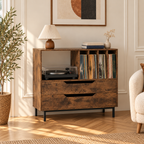 Meuble platine vinyle 91 cm, 2 tiroirs, 4 compartiments | Maldrik