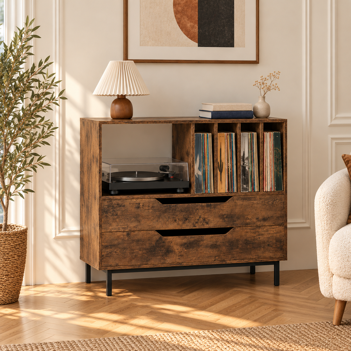 Meuble platine vinyle 91 cm, 2 tiroirs, 4 compartiments | Maldrik