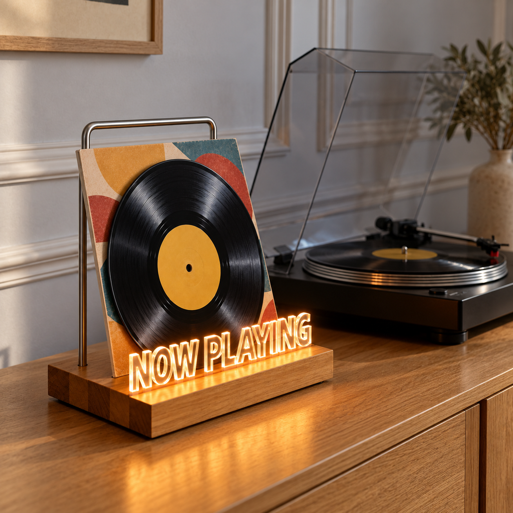 Support d’exposition lumineux vinyle 19,5 cm, bois | Lumevane