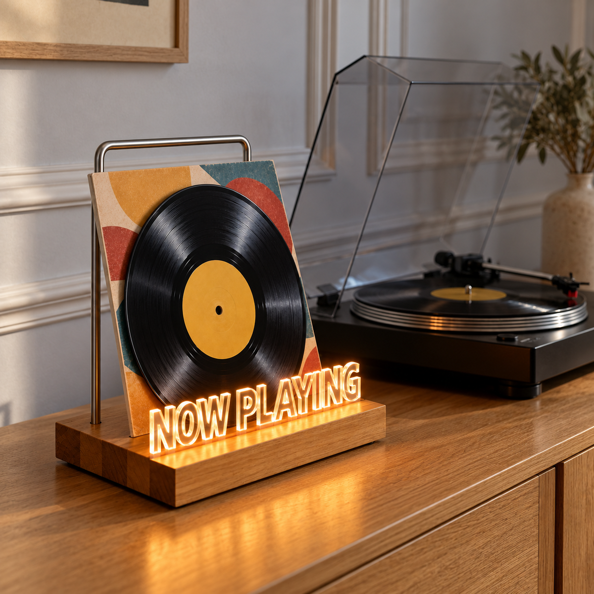 Support d’exposition lumineux vinyle 19,5 cm, bois | Lumevane