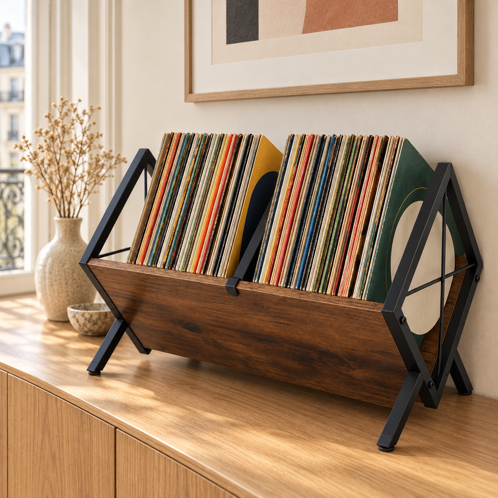 Support rangement vinyles 40 cm, métal et bois | Refrain