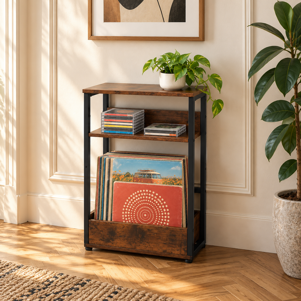 Support rangement vinyles 43 cm, 3 niveaux, métal et bois | Venkor