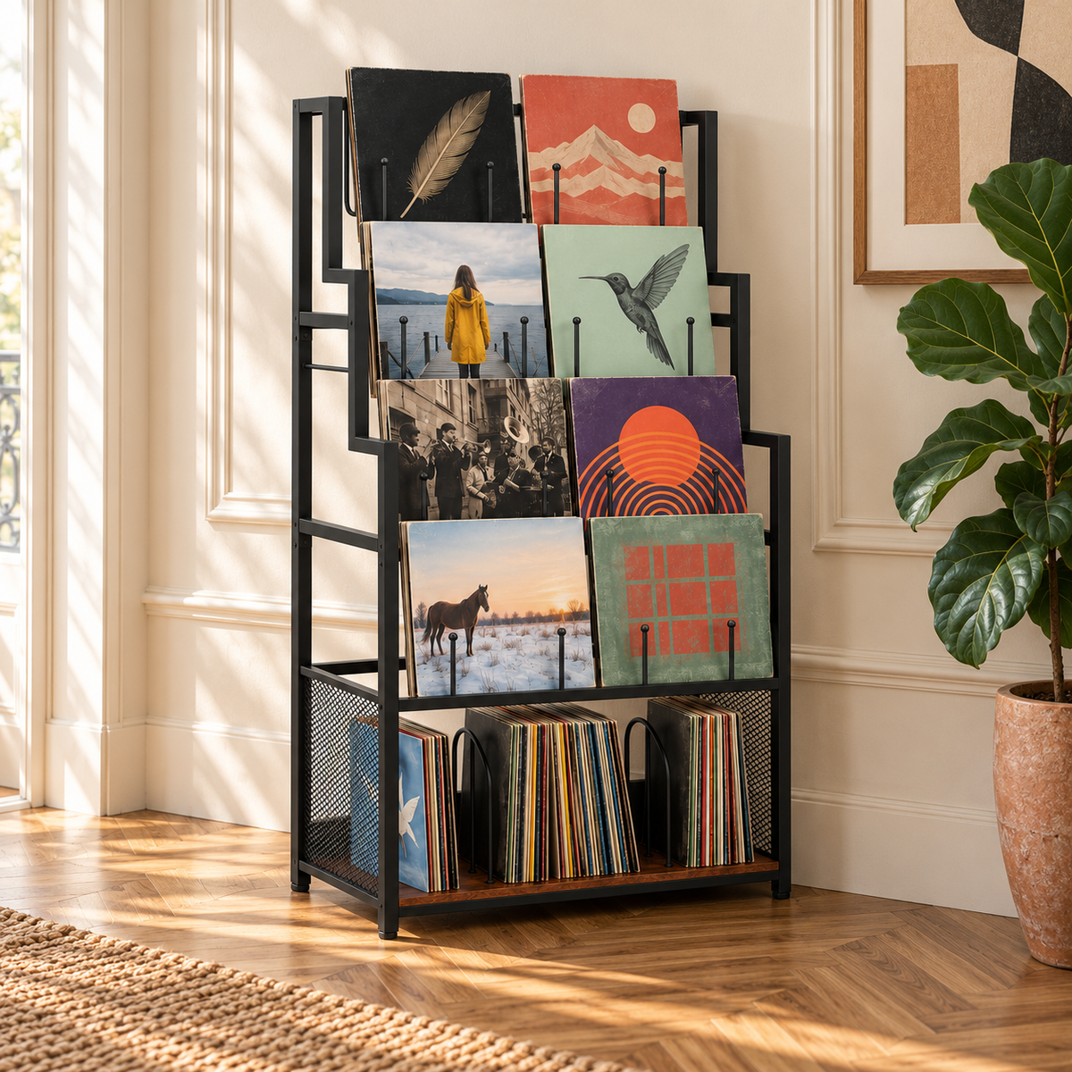 Support rangement vinyles 67 cm, métal noir | Tarvelo