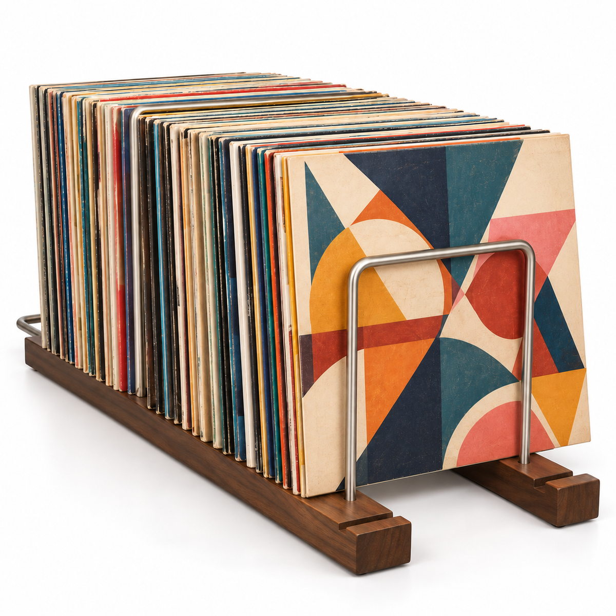 Support rangement vinyles réglable, noyer massif et métal | Tarnovel