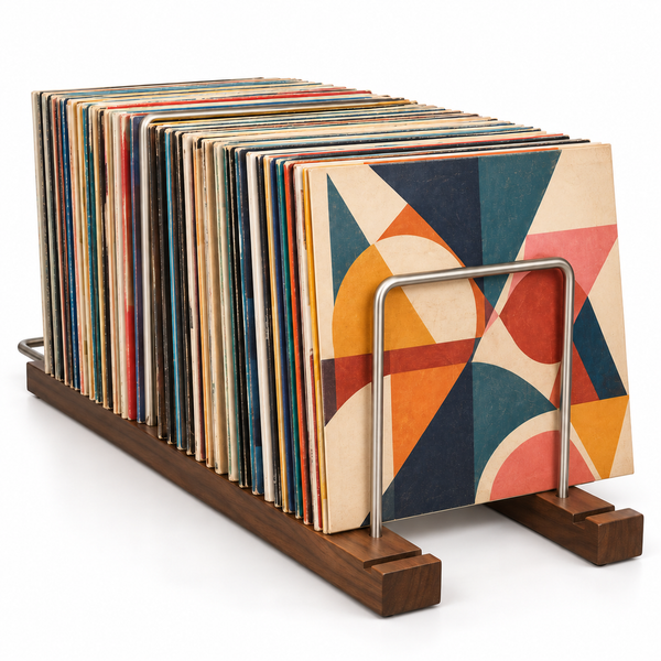 Support rangement vinyles réglable, noyer massif et métal | Tarnovel