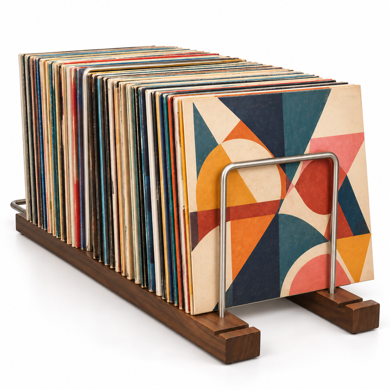 Support rangement vinyles réglable, noyer massif et métal | Tarnovel