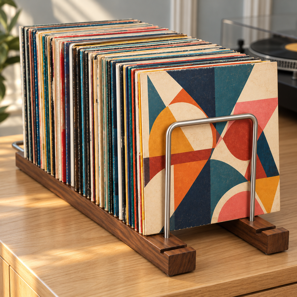 Support rangement vinyles réglable, noyer massif et métal | Tarnovel